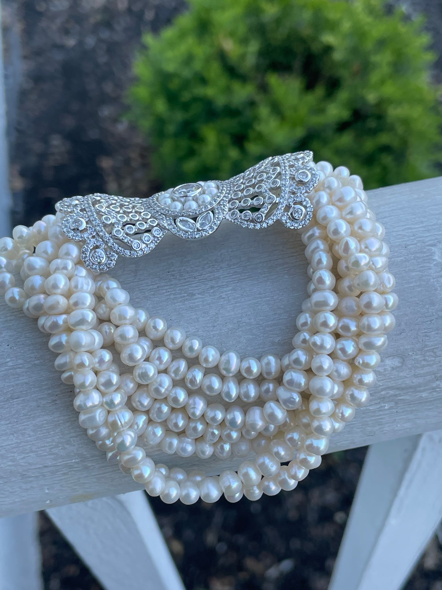 925 Sterling Silver Multi Stranded Pearl Art Deco Bridal / Prom Day Bracelet
