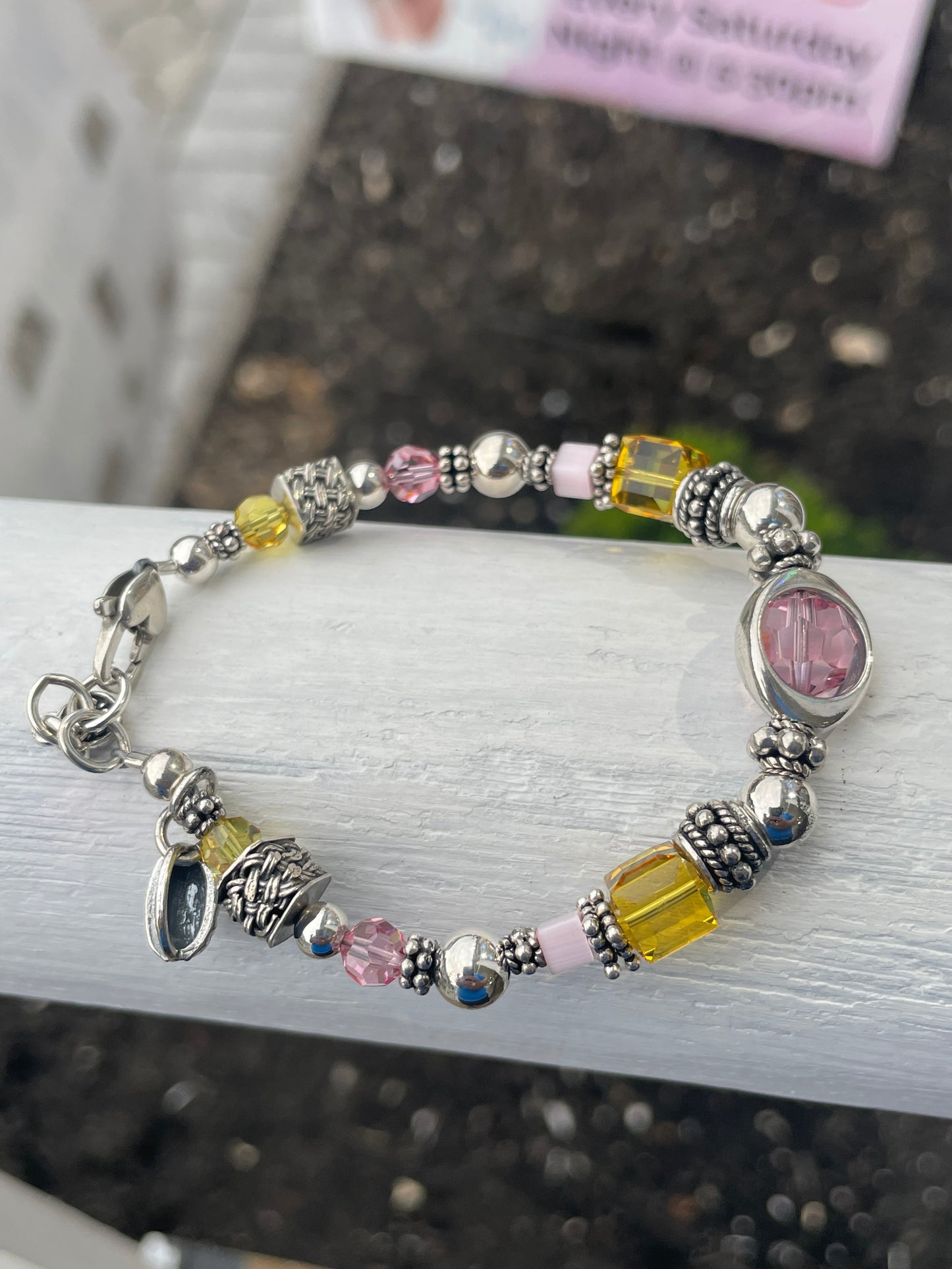 Designer ELE 925 Sterling Silver Yellow & Pink Beaded Crystal Bracelet