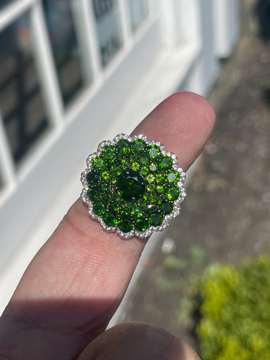 925 Sterling Silver Chrome Diopside & Cz Cluster Ring Size 6