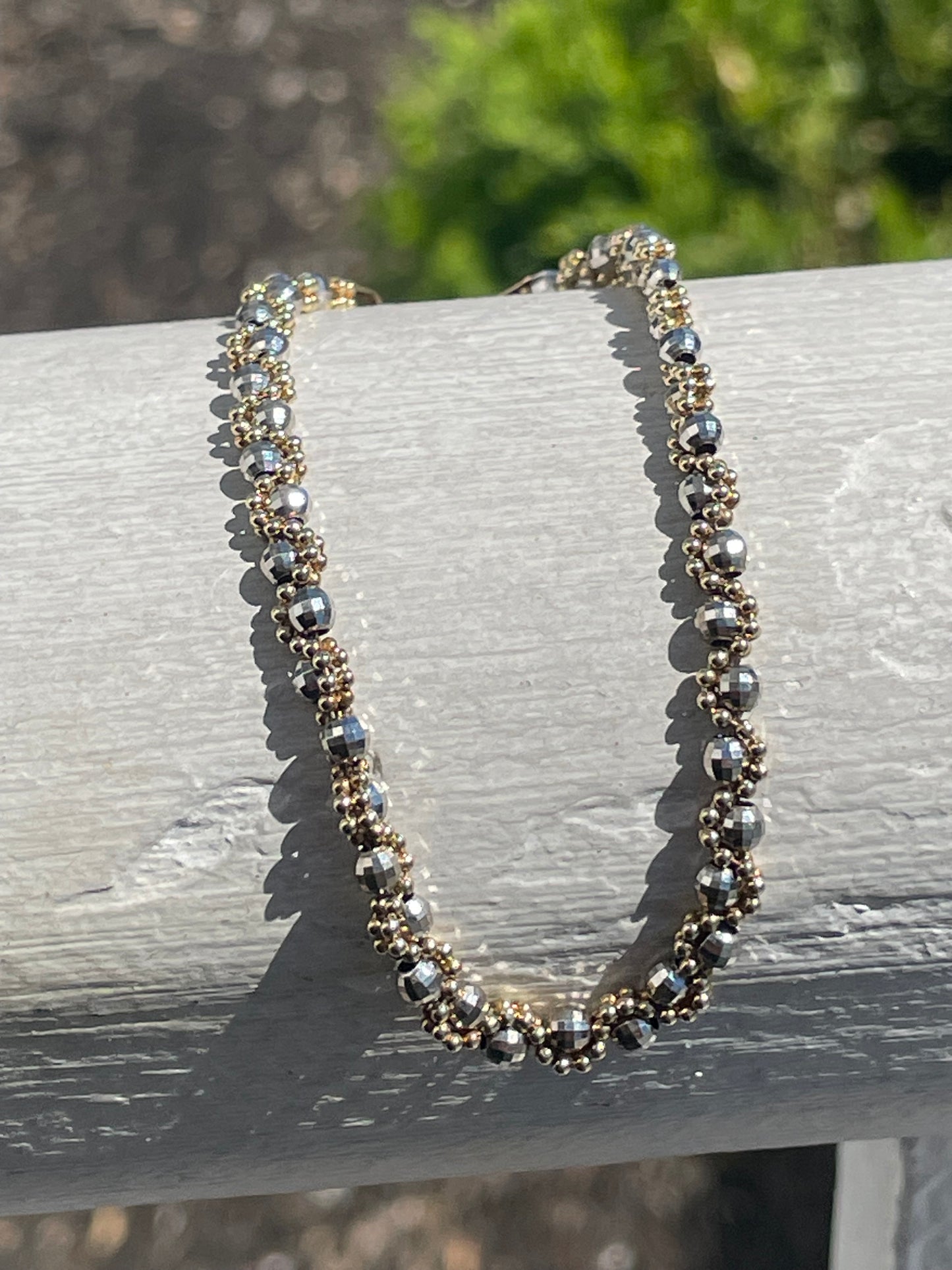 14k White & Yellow Gold Braided Beaded Bracelet 7”