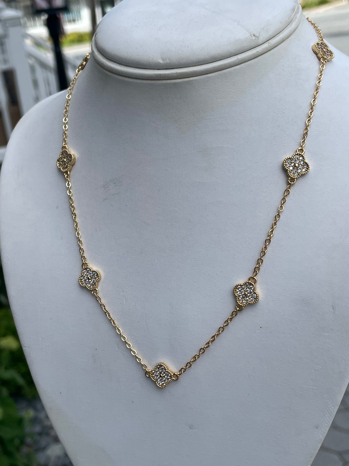 Stainless Steel Gold-plated Mini Clover Station Van Cleef Style Sparkling Cz Alhambra Necklace 18”-20”