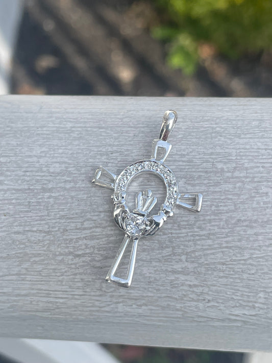 925 Sterling Silver Sparkling Irish Claddagh Celtic Cross Pendant