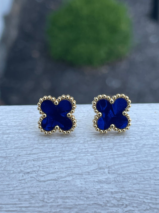 Stainless Steel Vermeil Van Cleef Style Blue Clover Earrings