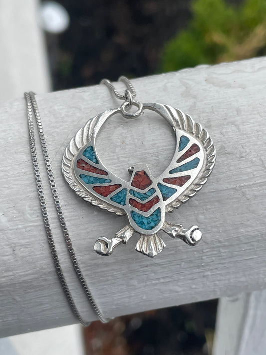 925 Sterling Silver Handmade Vintage Native American Turquoise & Coral Eagle Necklace