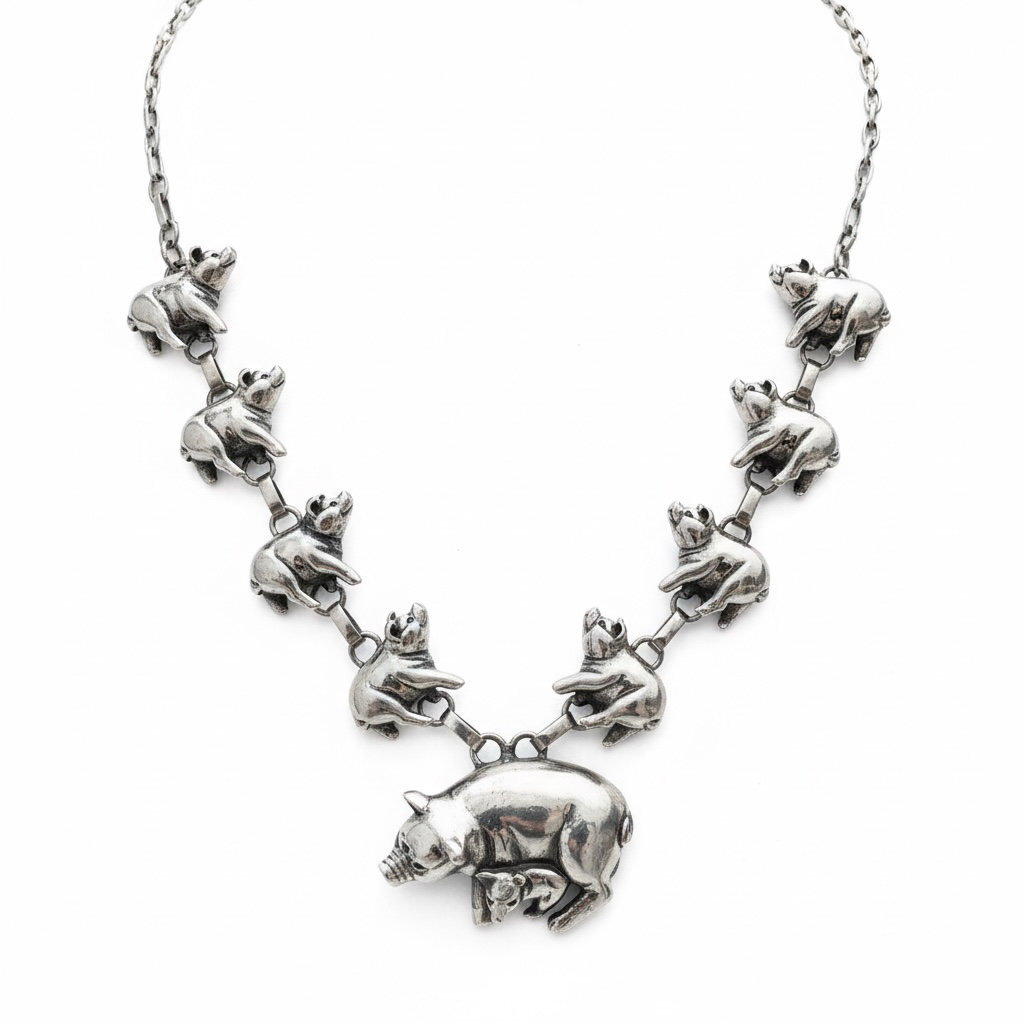 Designer Carol Felley Native American Pig Family Station Necklace 925 Sterling Silver