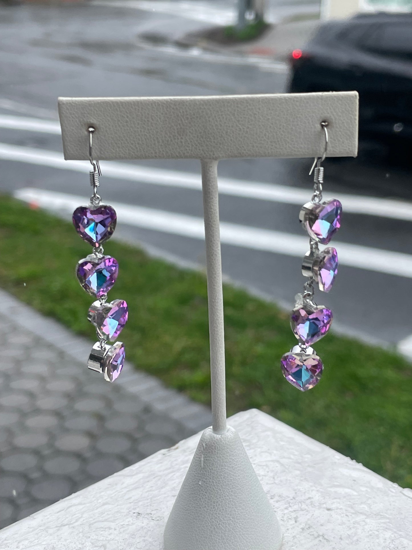 Stainless Steel Bi-Color Quartz Cascading Hearts Dangle Earrings