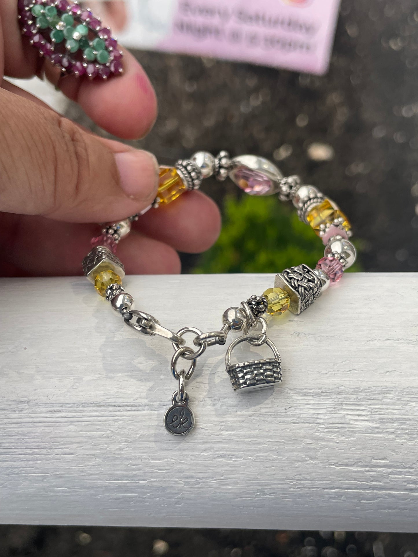 Designer ELE 925 Sterling Silver Yellow & Pink Beaded Crystal Bracelet