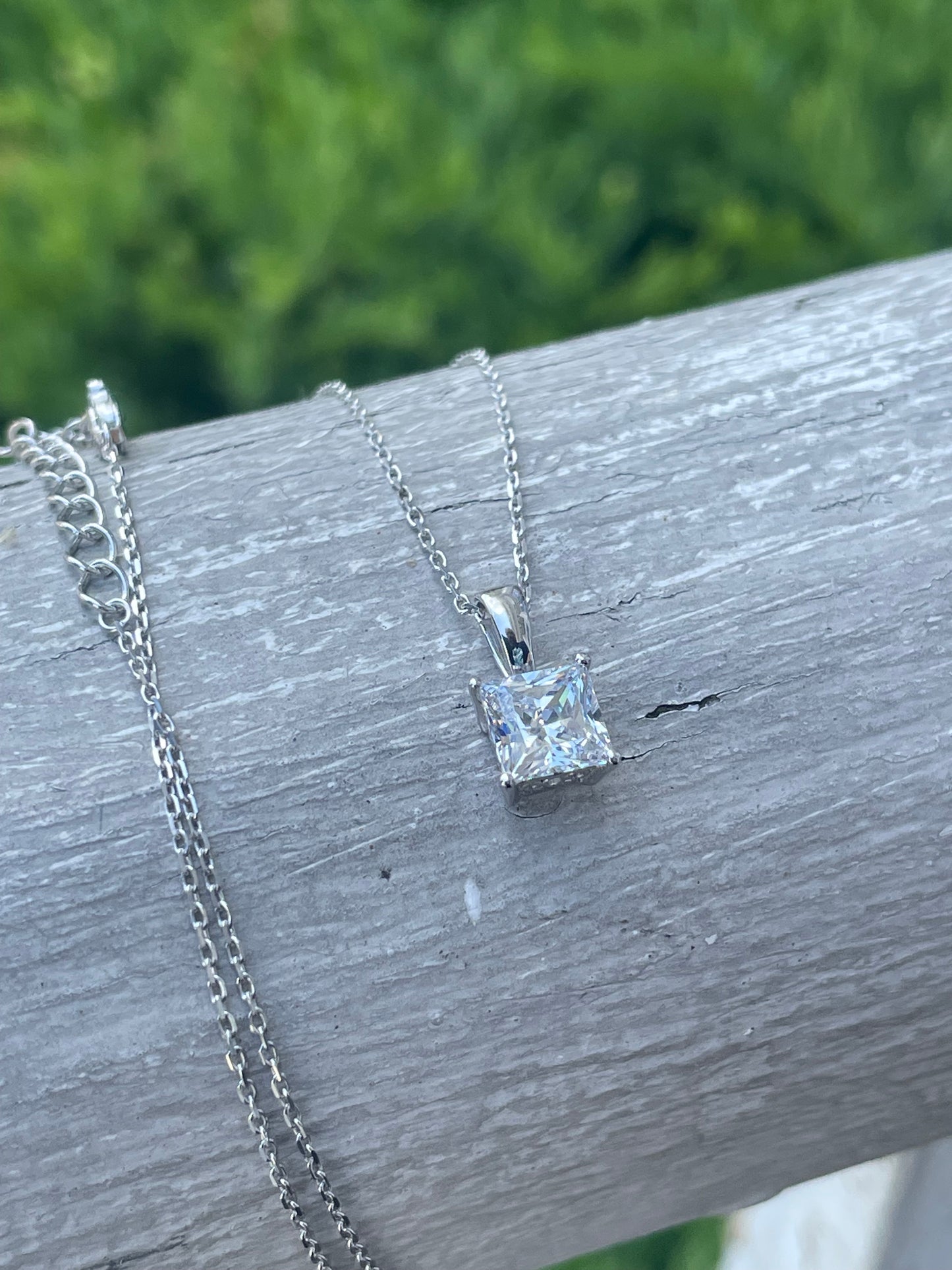 925 Sterling Silver 1.00 Clear Zirconia or Opalite Princess Cut Solitaire Necklace