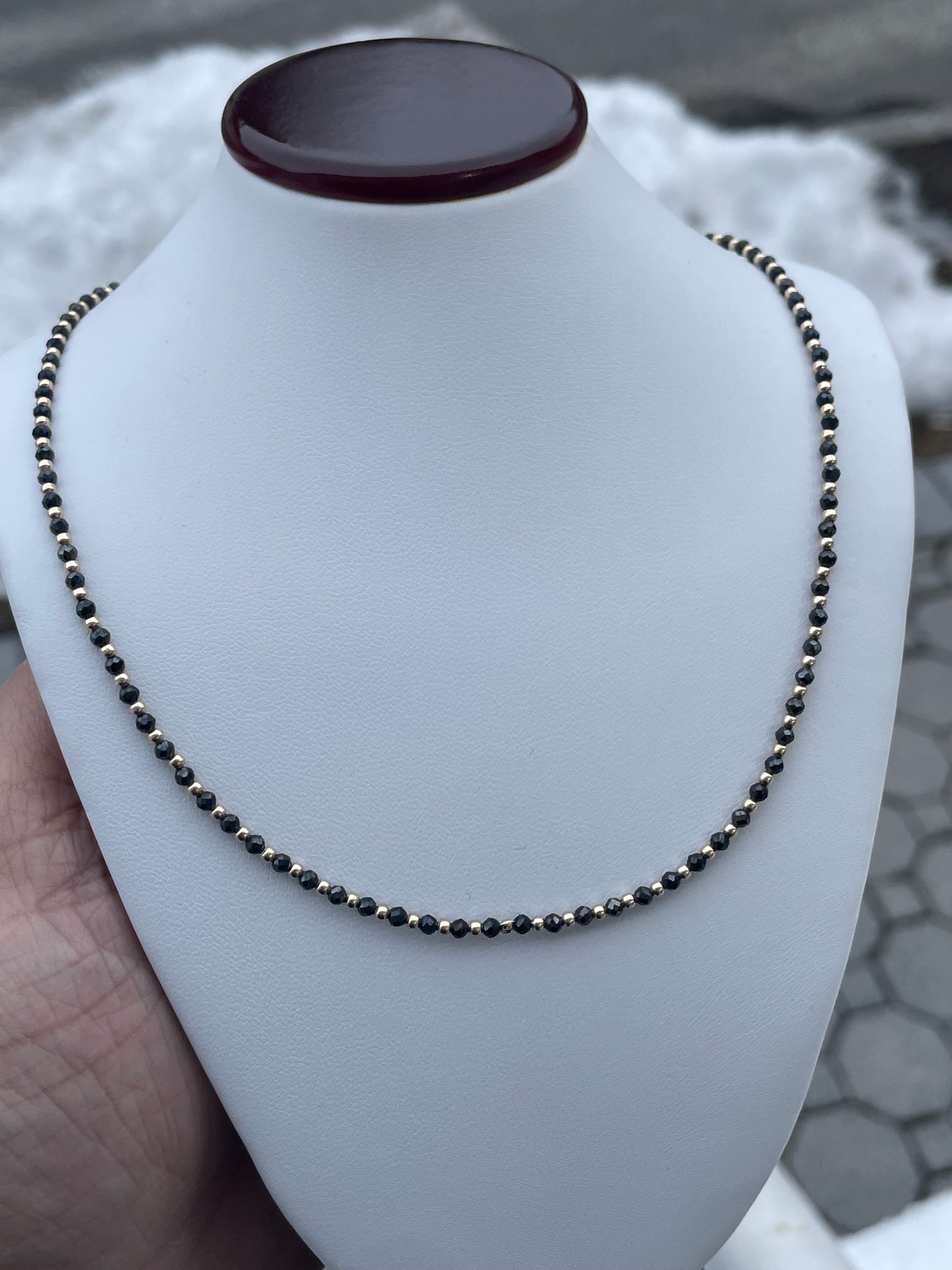 14k Gold Ball & Black Obsidian Beaded Necklace 16”