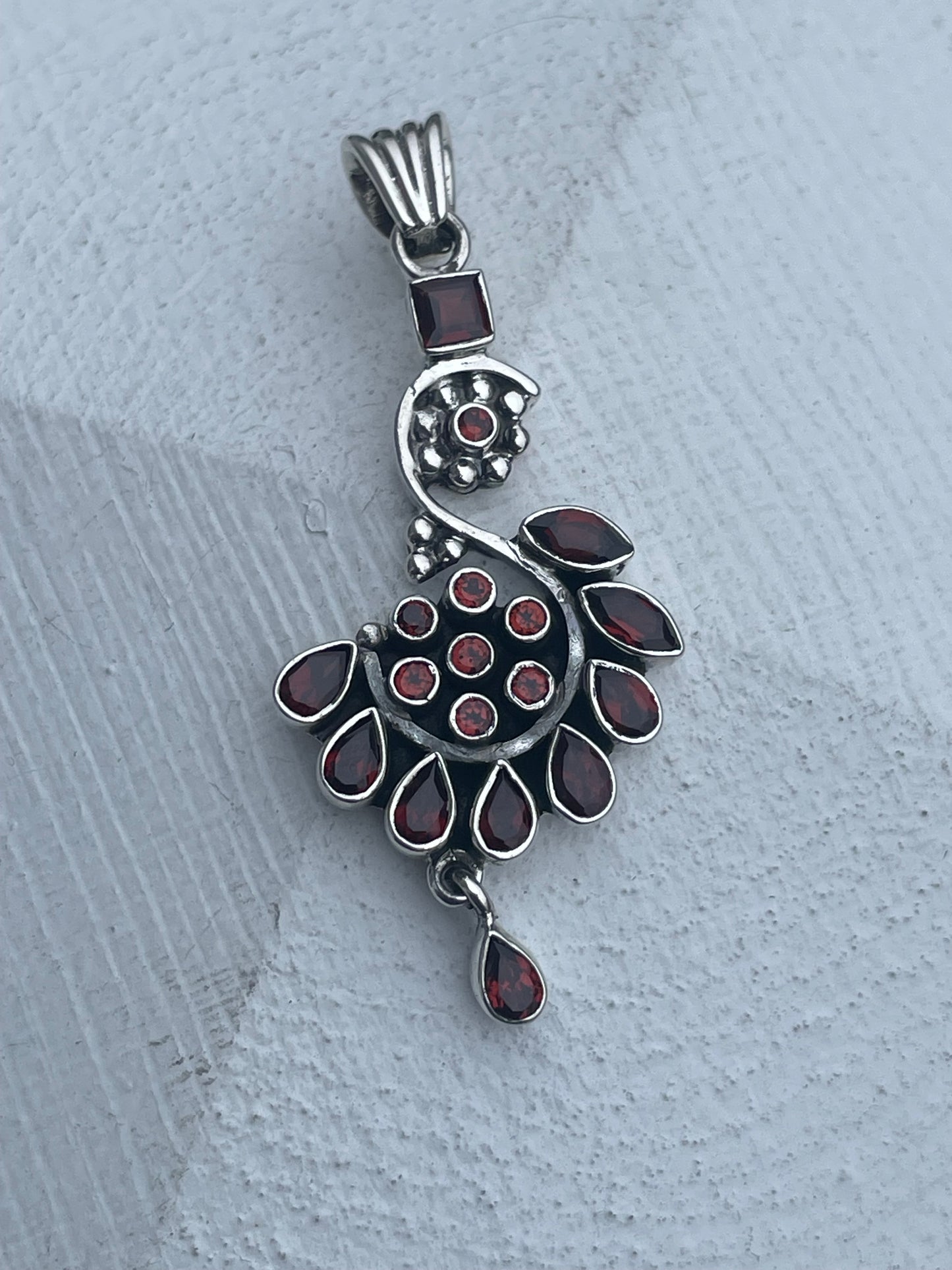 925 Sterling Silver Fancy Garnet Stone Peacock Pendant