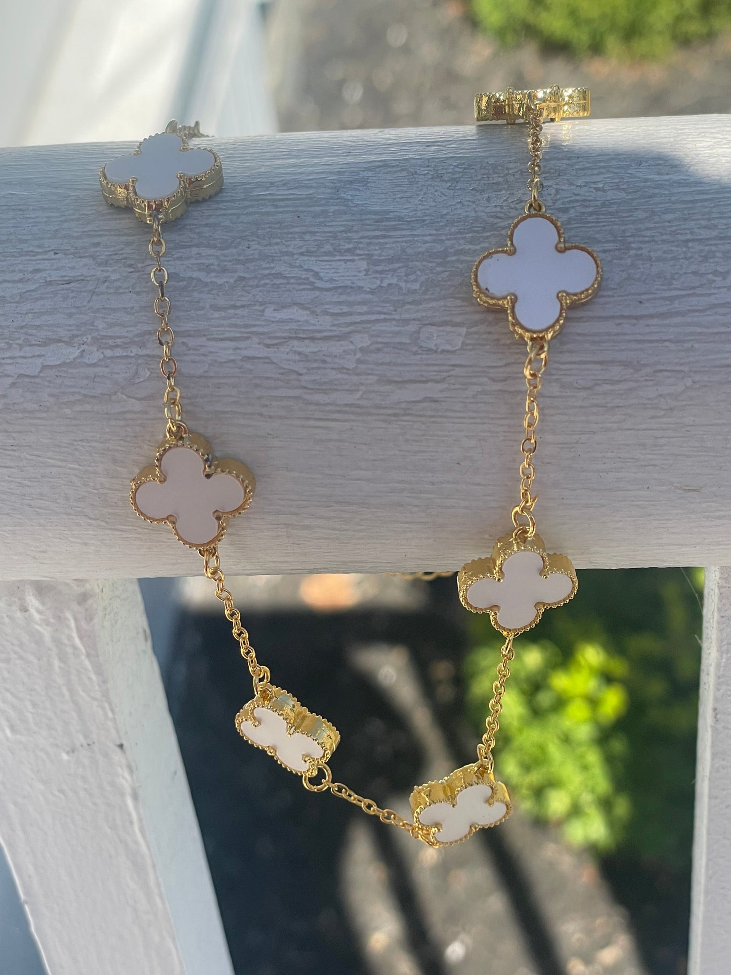 Stainless Steel Gold Color White Clover Station Van Cleef Style Necklace 18”-20”