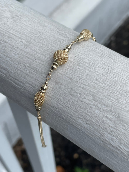 14k Solid Gold Ladies Mooncut Beaded Mesh Link Bracelet 7”