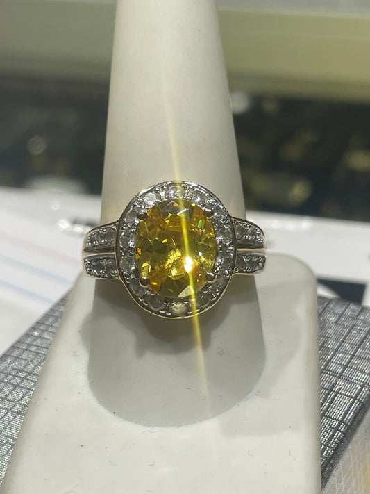 925 Sterling Silver Vermeil Simulated Yellow Topaz & Cz Ring Size 10