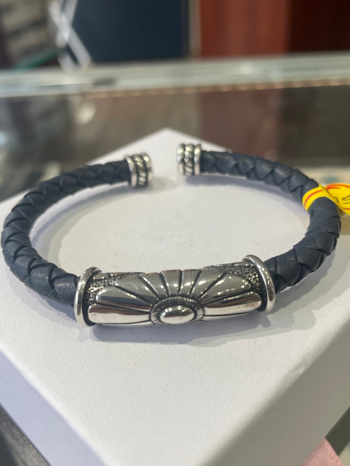 Designer Waldeck Johnson Dark Blue Braided Leather & 925 Sterling Silver Cuff Bracelet