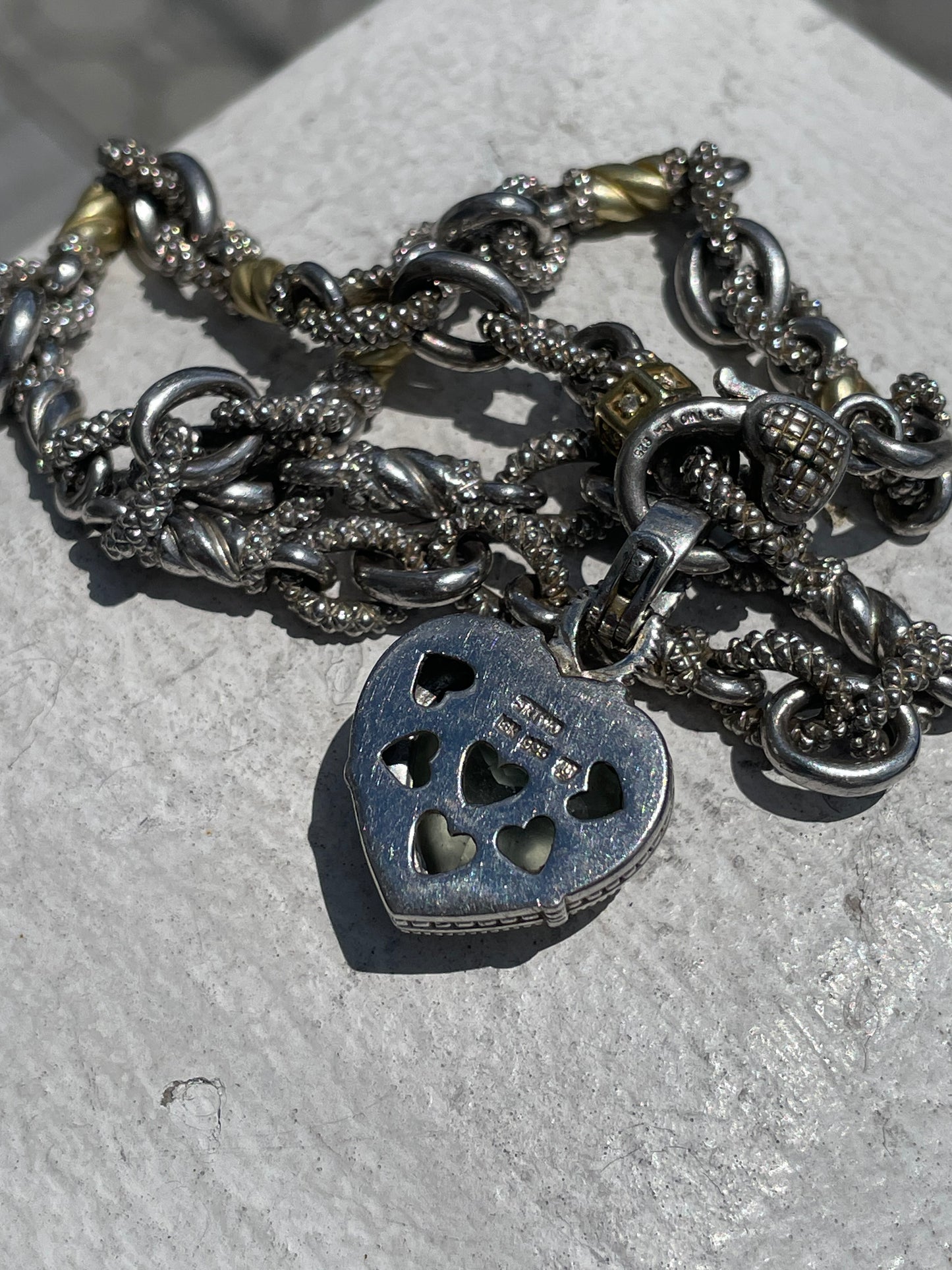 Judith Ripka 925 Sterling Silver & 18k Gold Necklace with Green Praisolite Heart Enhancer Pendant
