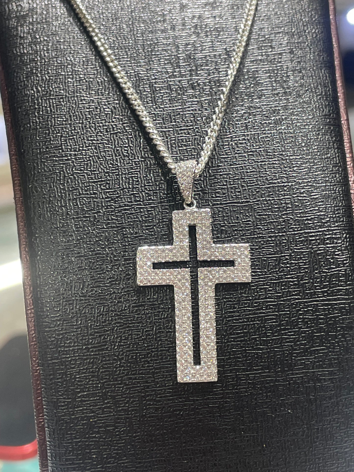925 Sterling Silver Openwork Sparkling Cz Cross Necklace