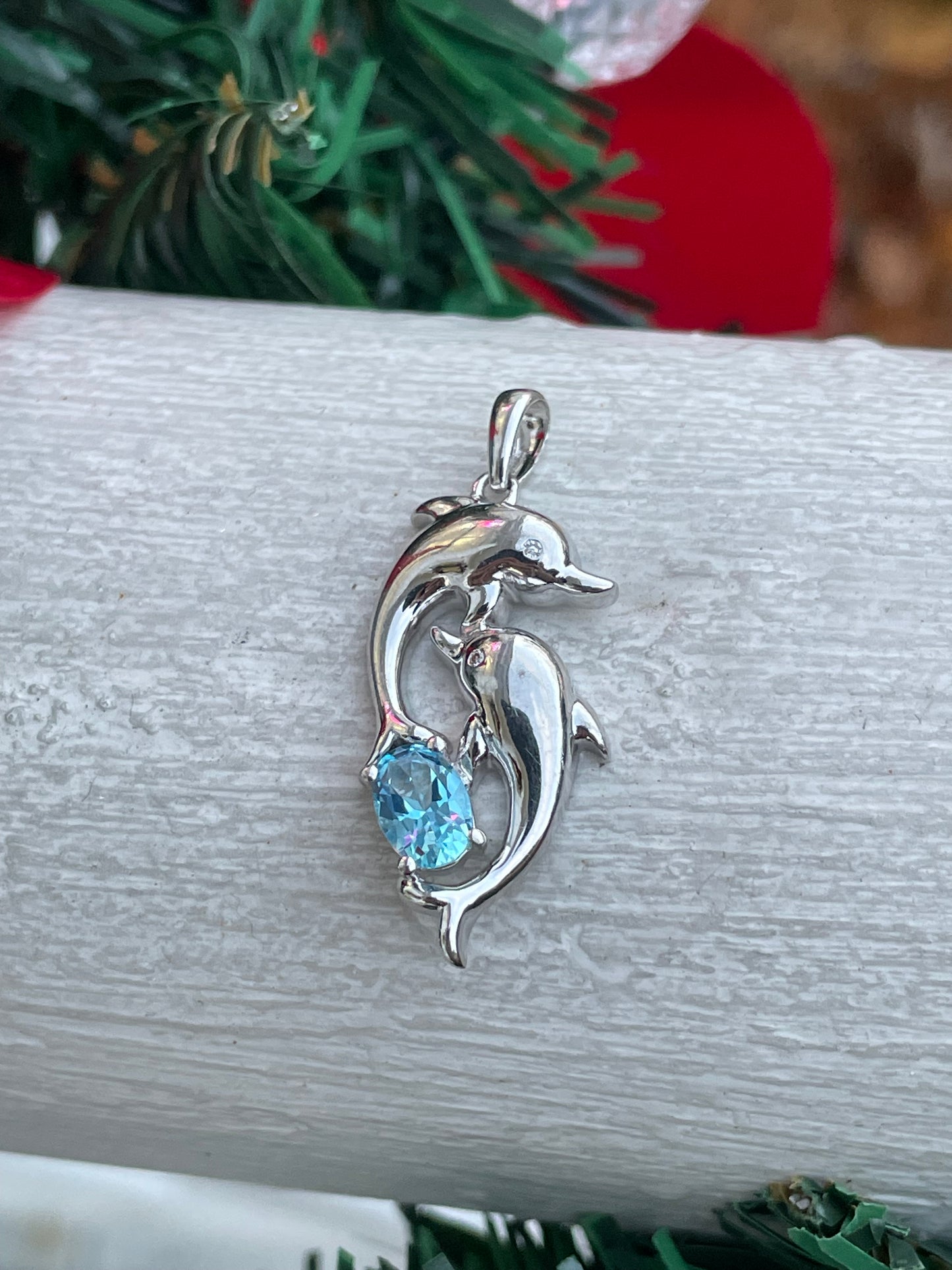 925 Sterling Silver Blue Topaz Playful Dolphins Pendant Charm