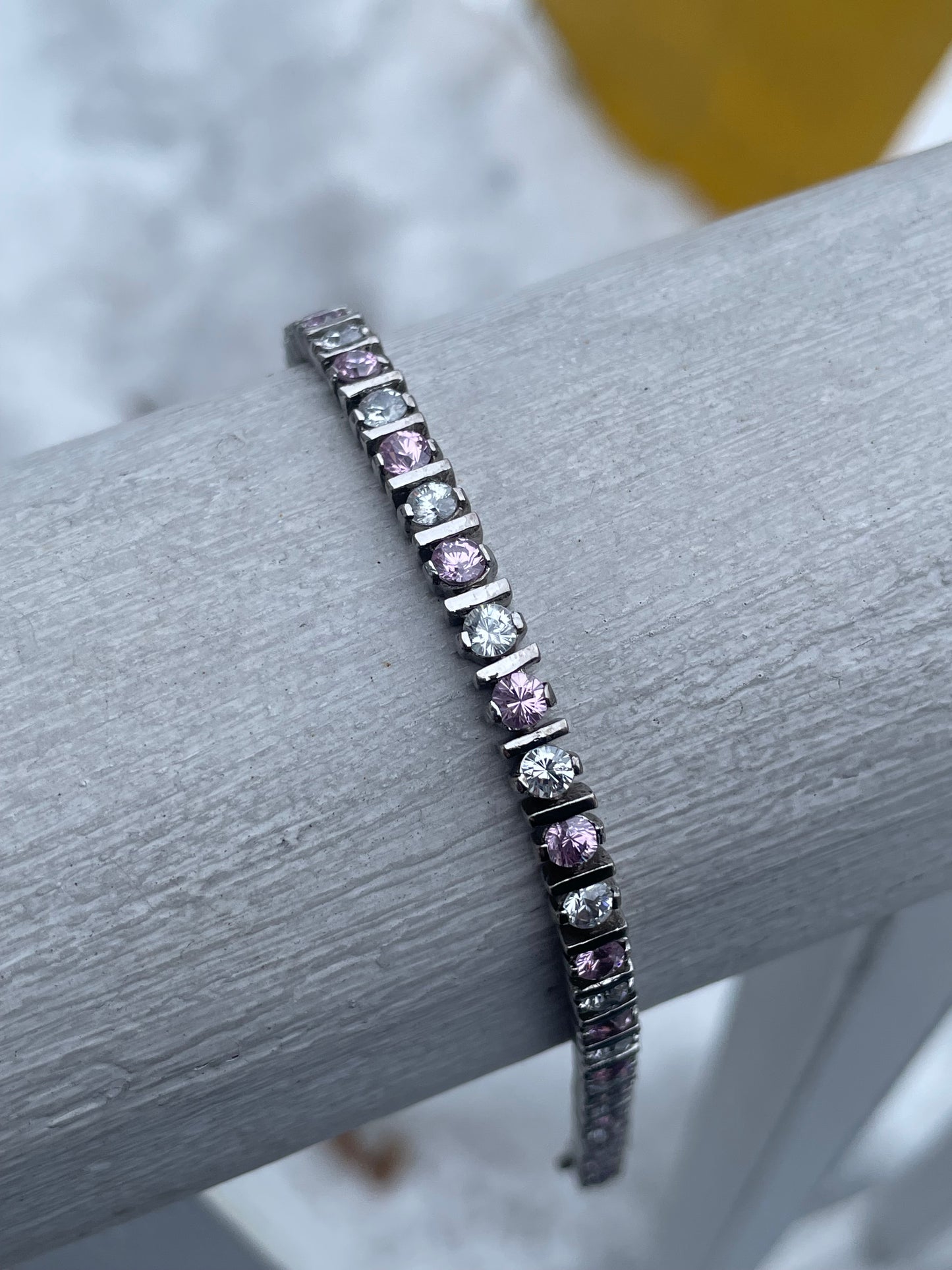 925 Sterling Silver Pink & Clear Cz Tennis Bracelet 7.5”