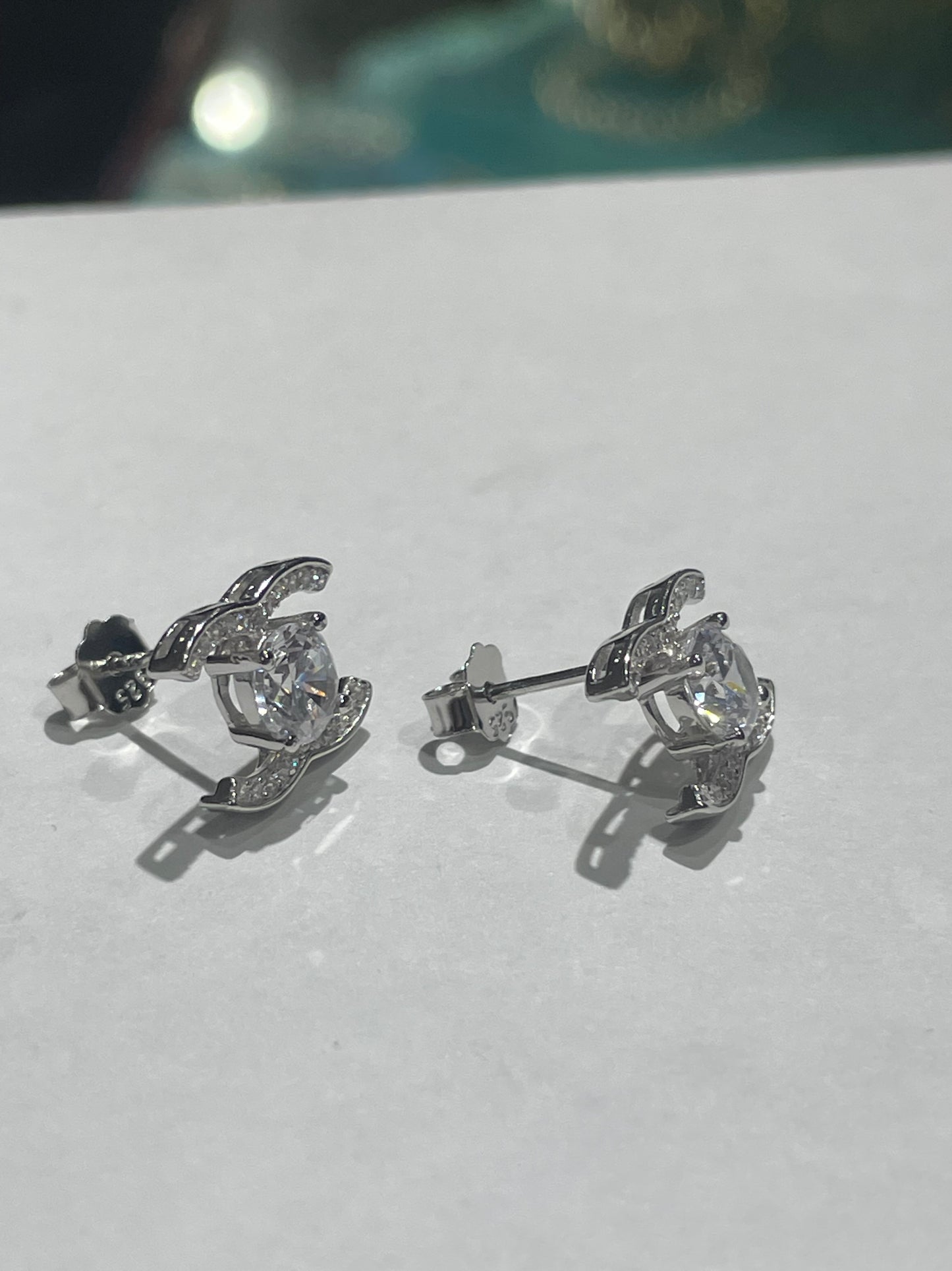 925 Sterling Silver Sparkling Petite Chanel Logo CC Stud Earrings