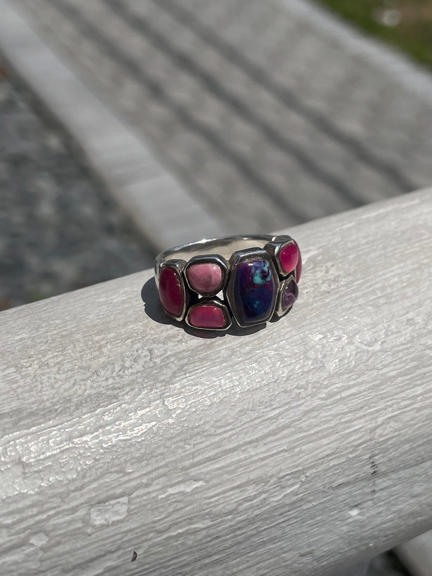 925 Sterling Silver Dahlia Copper & Pink Spiny Oyster Cluster Ring Size 7