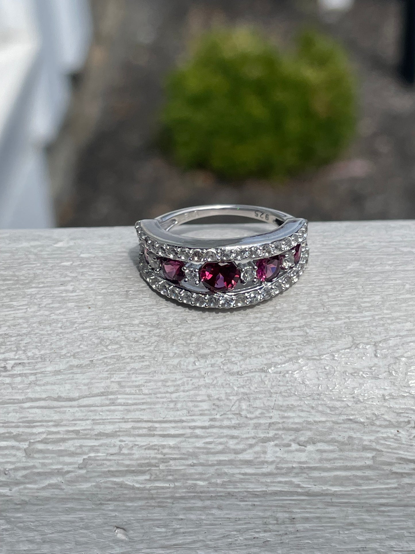 925 Sterling Silver Rhodolite & Clear Zirconia Band Ring Size 7