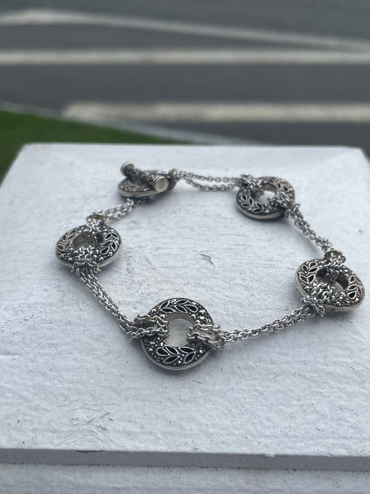 Designer Judith Jack 925 Sterling Silver Marcasite Toggle Lock Bracelet 8”
