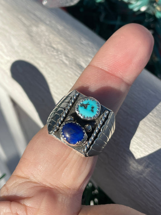 Designer DM 925 Sterling Silver Turquoise & Blue Lapis Double Stone Navajo Signet Ring Size 11.5