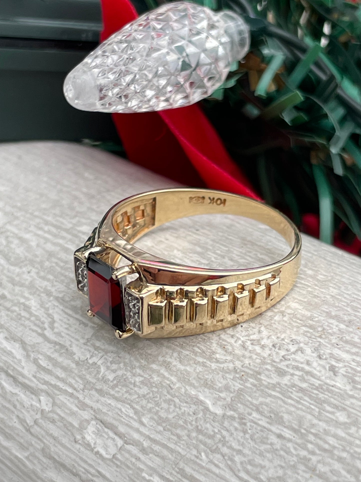 10k Gold Rolex Design Emerald Cut Garnet & Diamond Ring