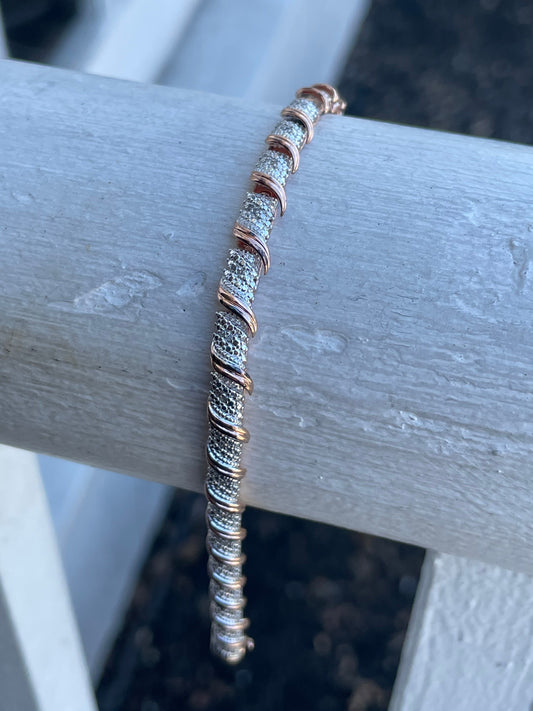 925 Sterling Silver Rose Vermeil Natural Diamond Tennis Bracelet 7.5”