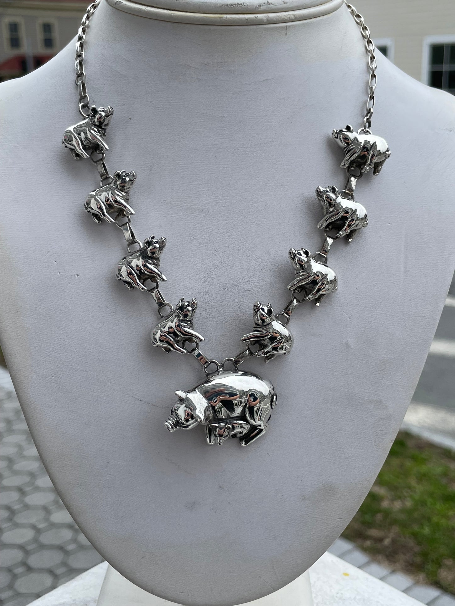 Designer Carol Felley Native American Pig Family Station Necklace 925 Sterling Silver