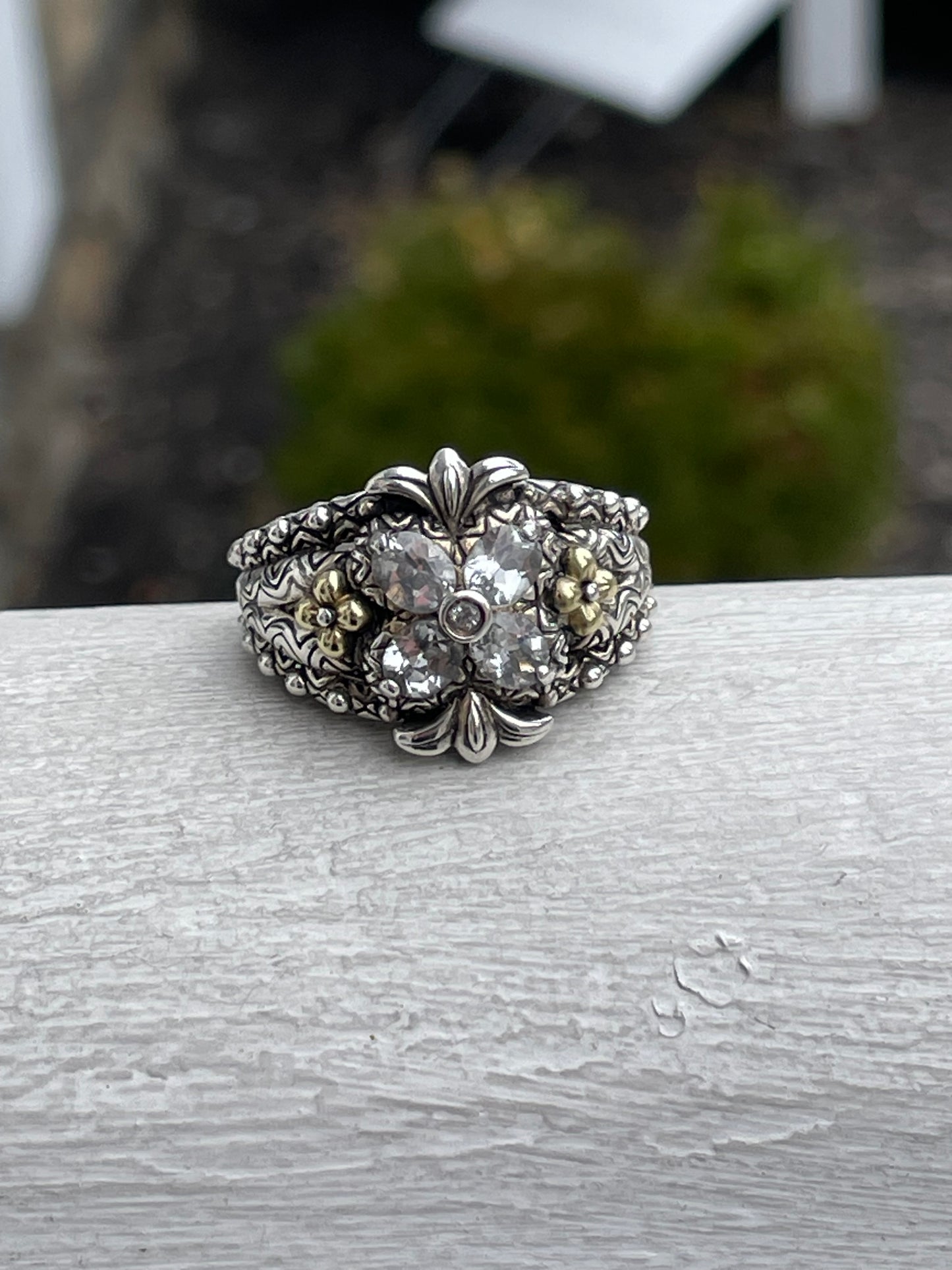 Designer Barbara Bixby Silver & 18k Gold White Topaz Clover Ring Size 9