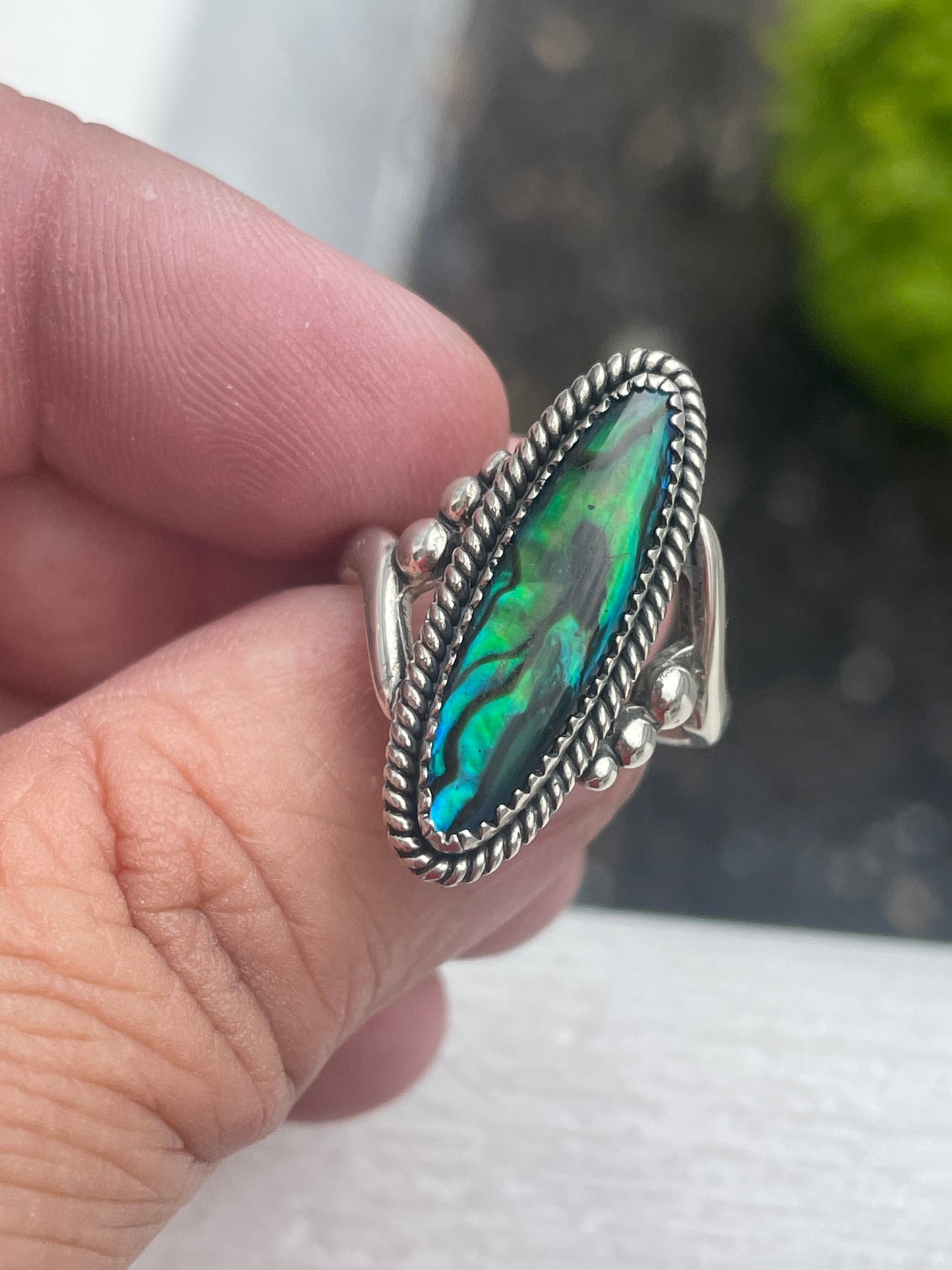 925 Sterling Silver Green Elongated Abalone Ring Size 8