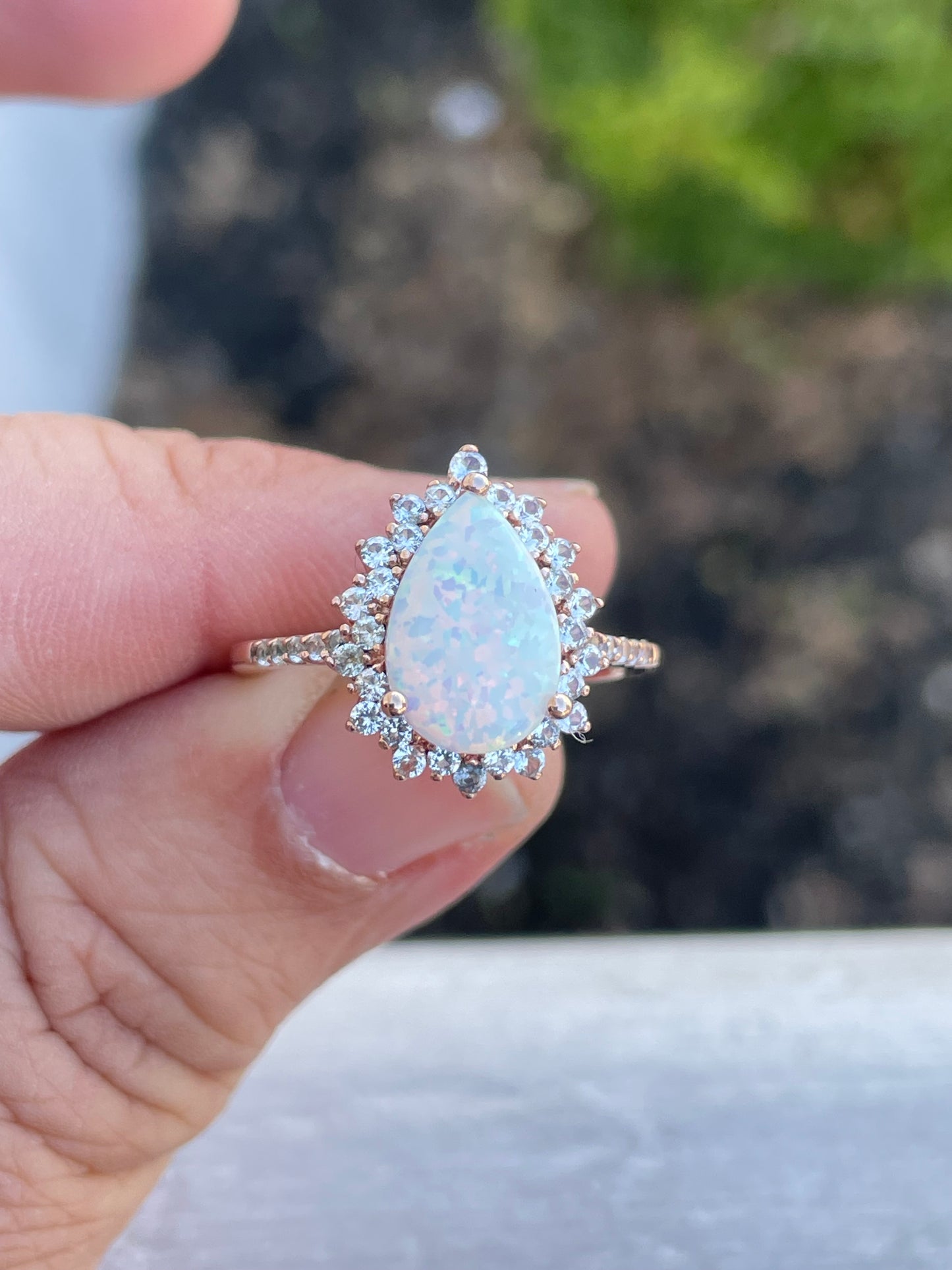 925 Rose Vermeil Sterling Silver Opal & Clear Zirconia Ring Size 8