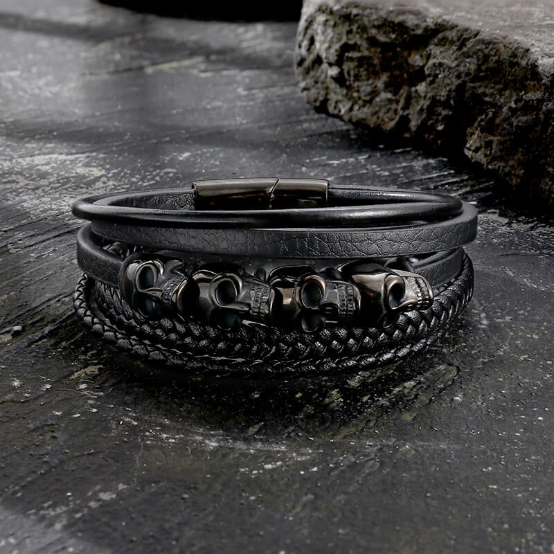 Black Skull Stainless Steel & Leather Multi Strand Bracelet