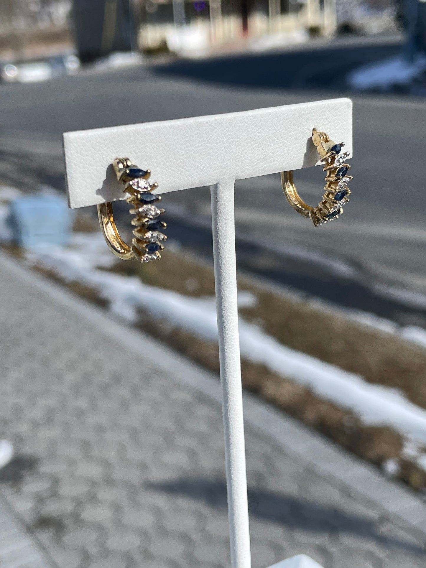 Vintage 1980s Natural Sapphire & Diamond Oval Hoop Earrings