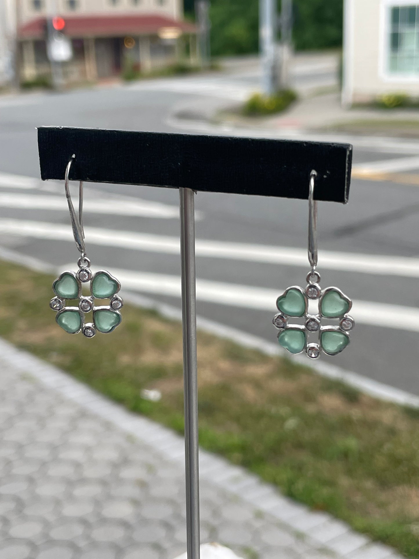 925 Sterling Silver Green Aventurine 4-Leaf Heart Clover Dangle Earrings