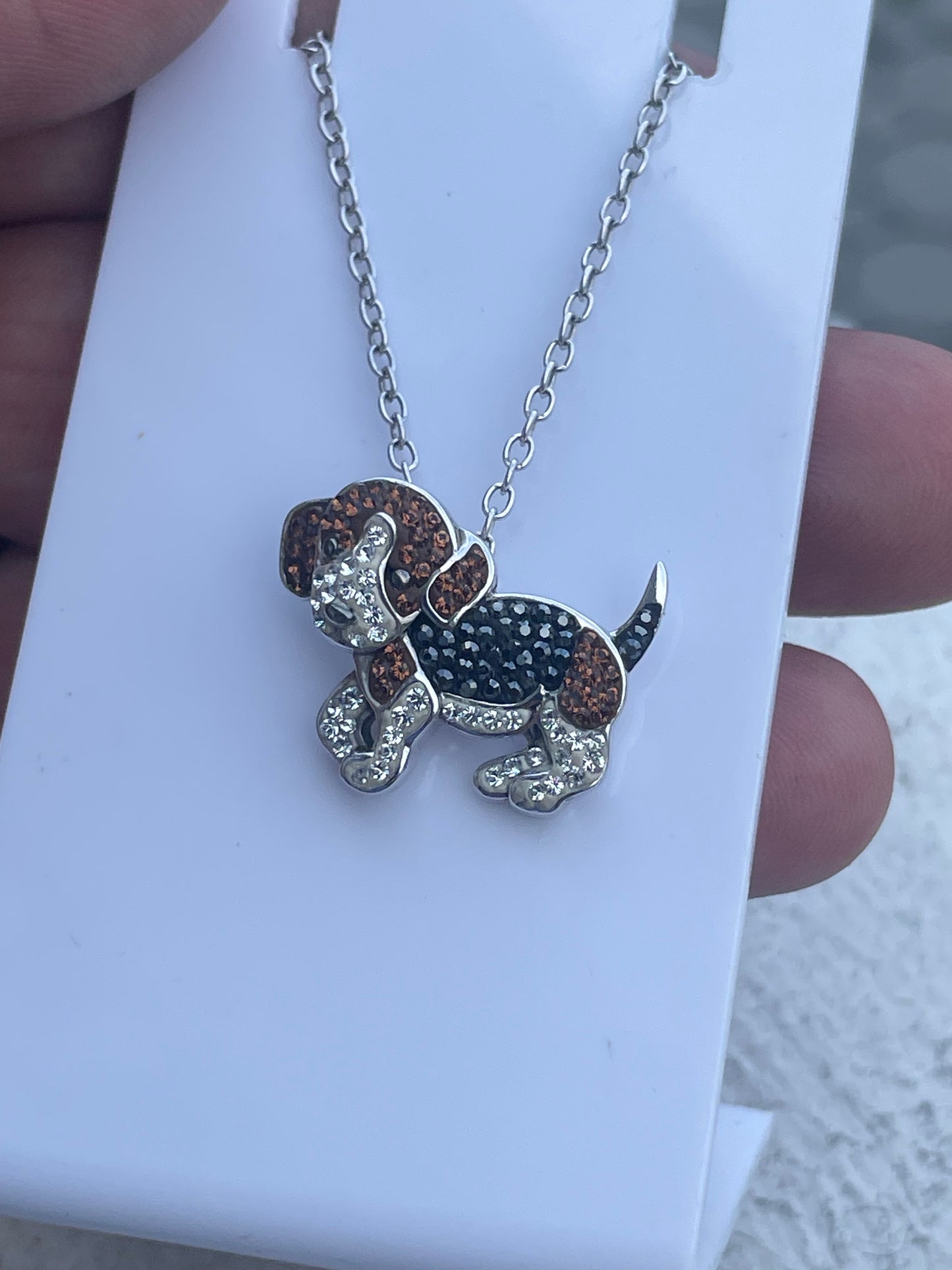 Designer Animal Planet 925 Sterling Silver Sparkling Crystal Beagle Dog Necklace 18”