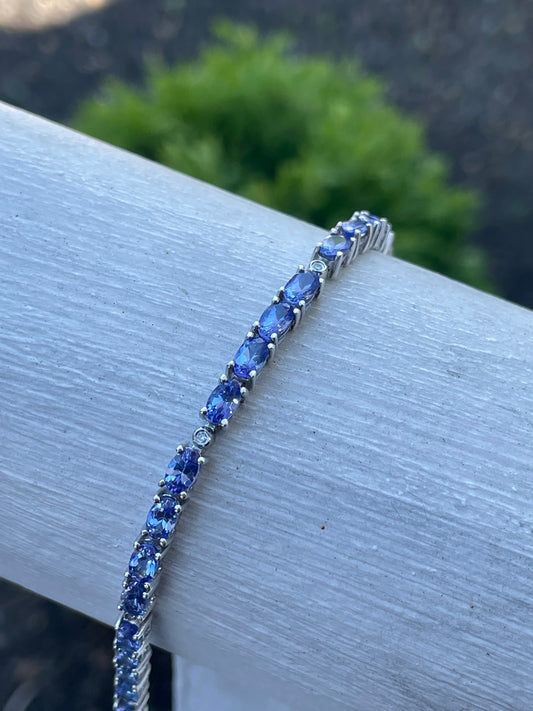925 Silver Natural Tanzanite & Diamond Tennis Bracelet 7.5”