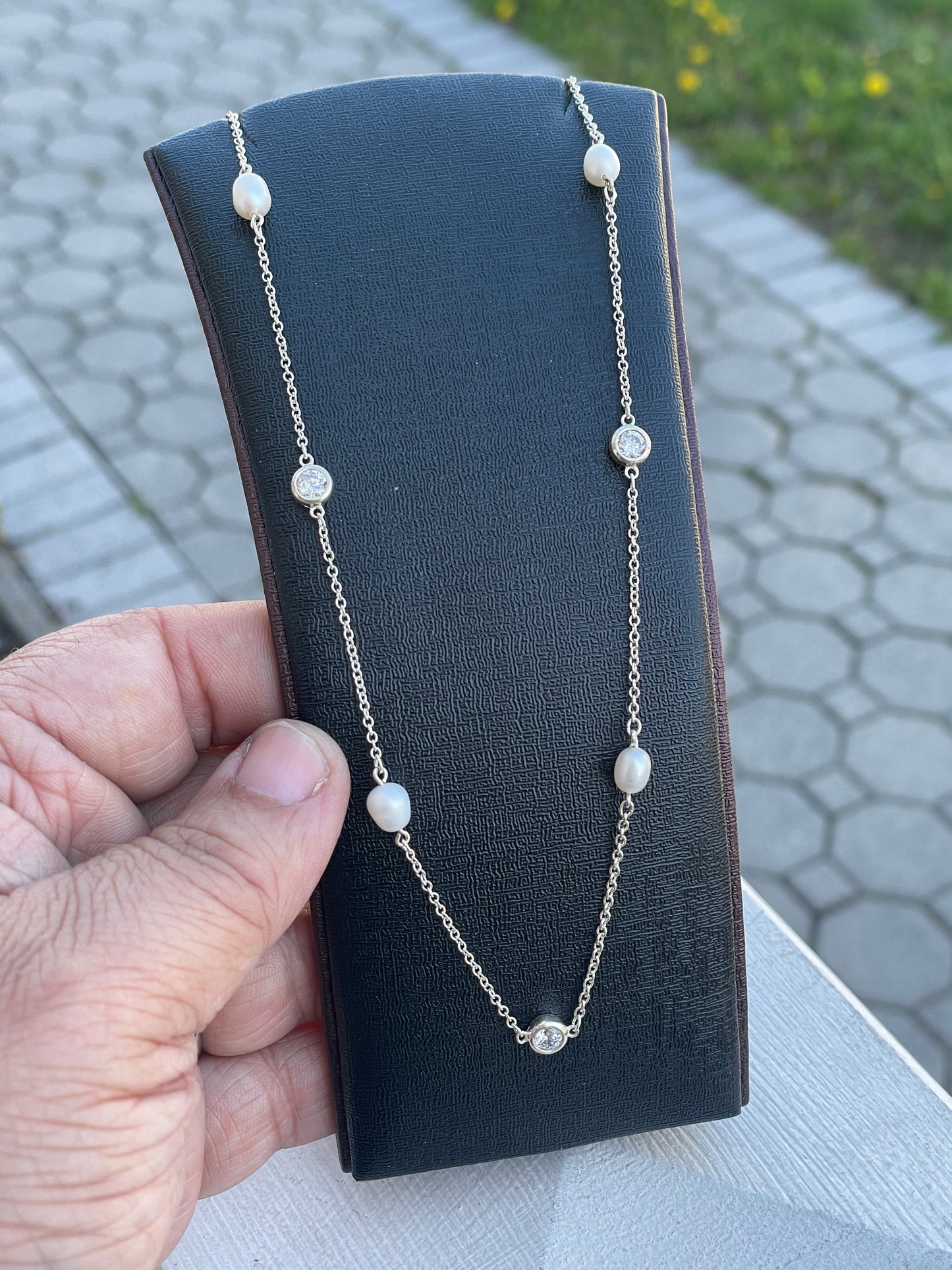925 Sterling Silver CZ & Pearl Station Necklace 16”