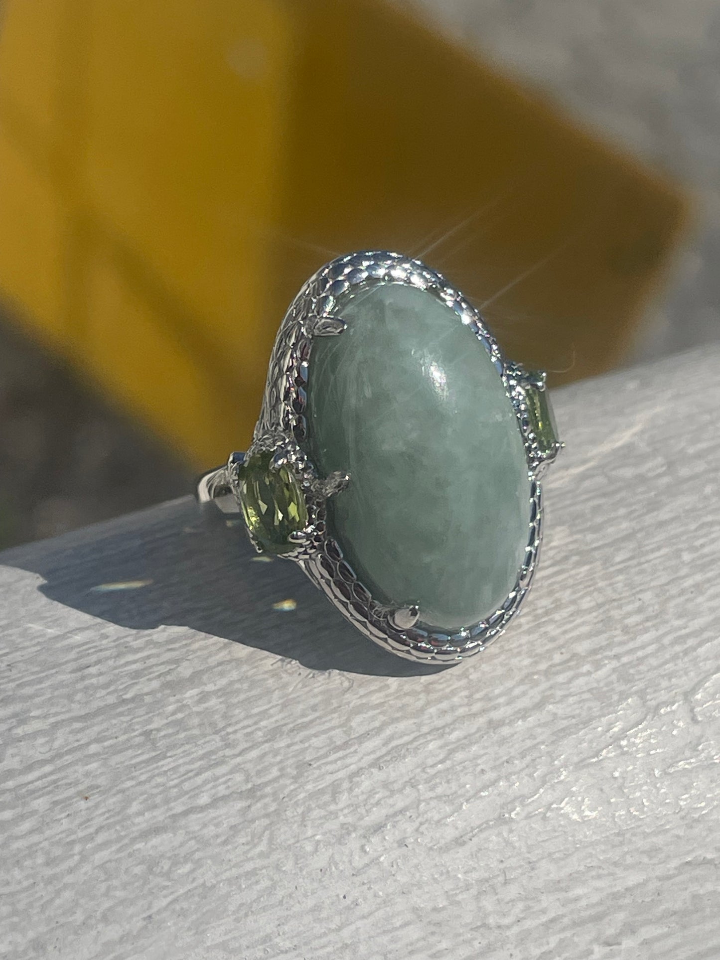925 Sterling Silver Natural Jade & Peridot Statement Ring Size 6