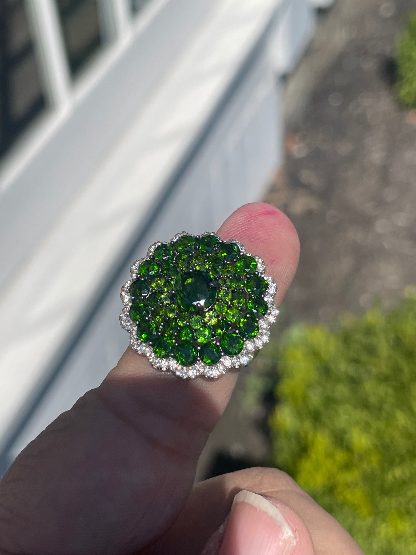 925 Sterling Silver Chrome Diopside & Cz Cluster Ring Size 6
