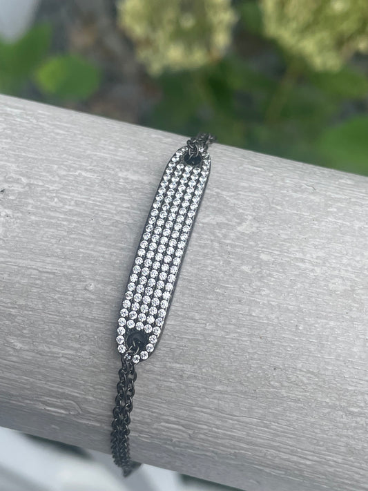 925 Oxidized Sterling Silver Pave Cz Bar Bracelet
