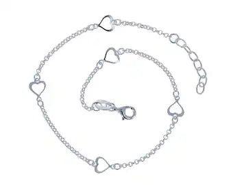 925 Sterling Silver Open Heart Anklet 9”-10”