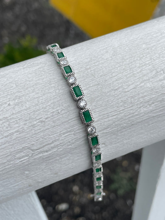 925 Sterling Silver Simulated Emerald & Cz Tennis Bracelet