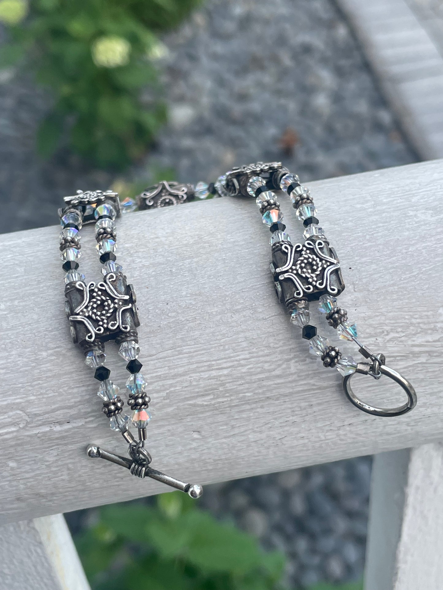 925 Sterling Silver Victorian Filigree Clear & Black Crystal Station Bracelet 8”