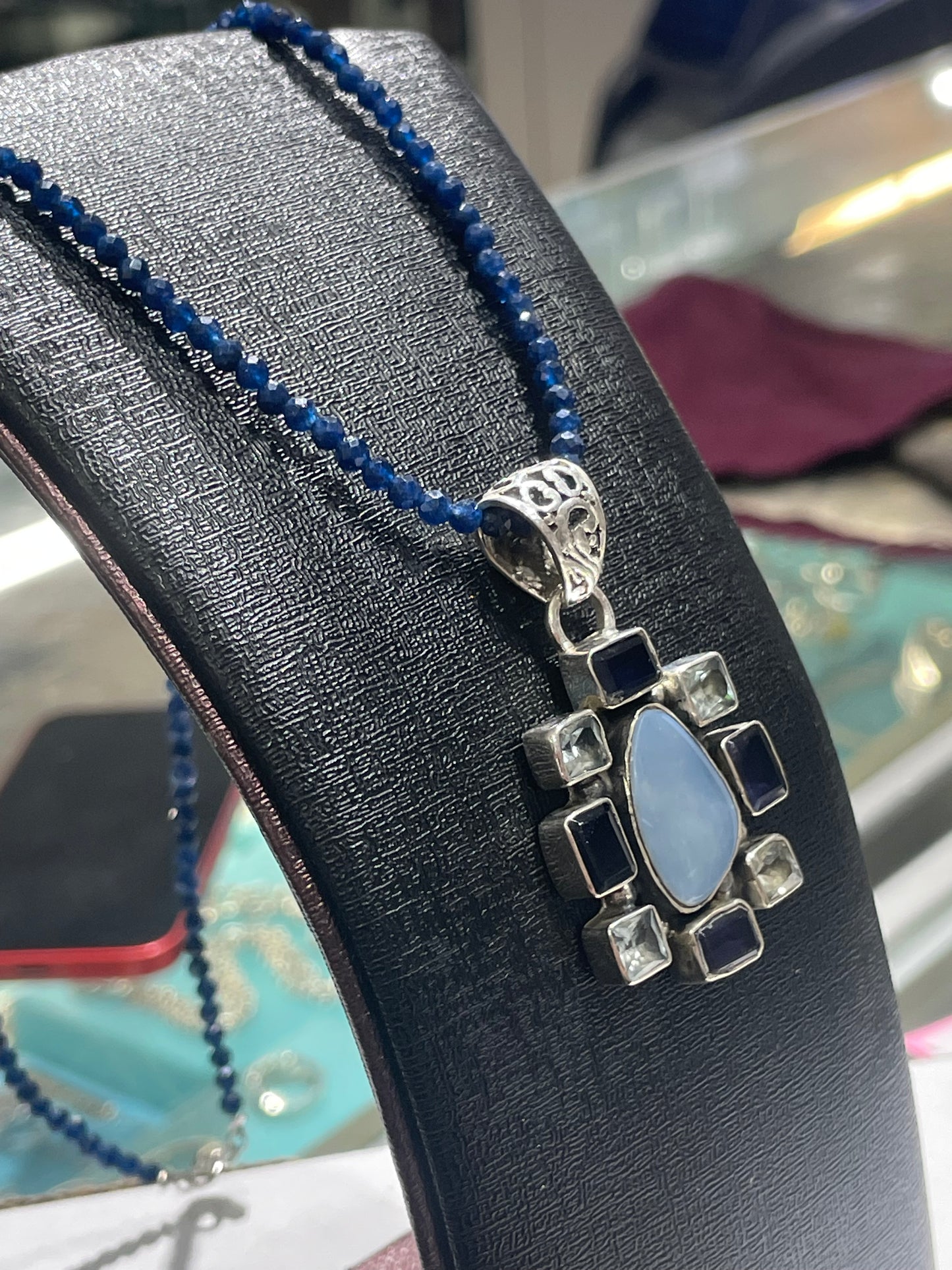 925 Sterling Silver Natural Sapphire Necklace with Natural Chalcedon, Iolite, and Aquamarine Cluster Pendant