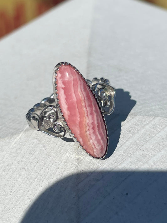 925 Sterling Silver Rhodonite Oblong Stone Ring