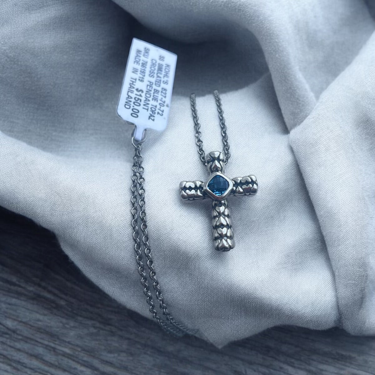 925 Sterling Silver Silver Simulated Blue Topaz Cross Necklace