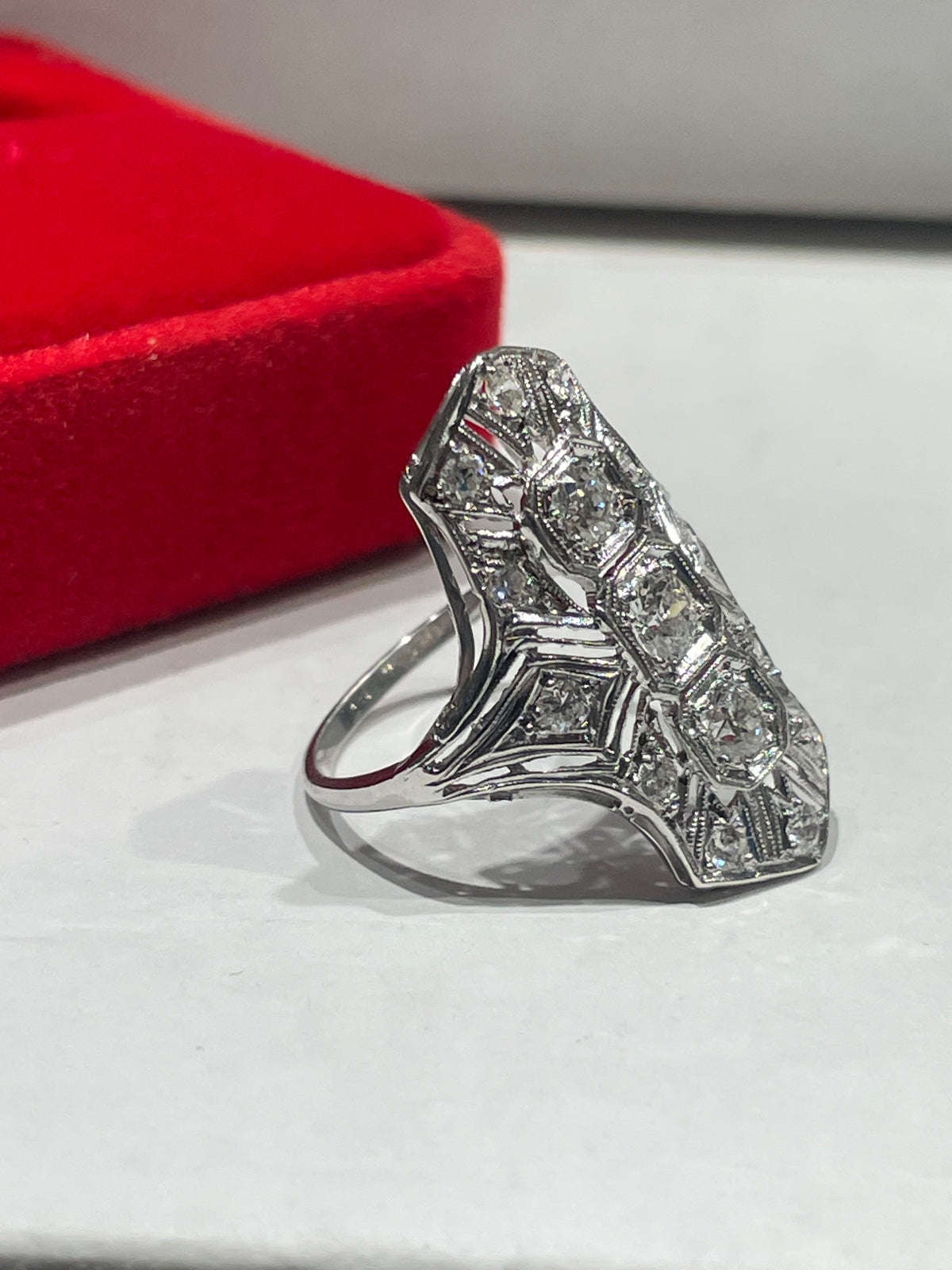 Antique Platinum Art Deco Past Present Future Ring Size 7.5