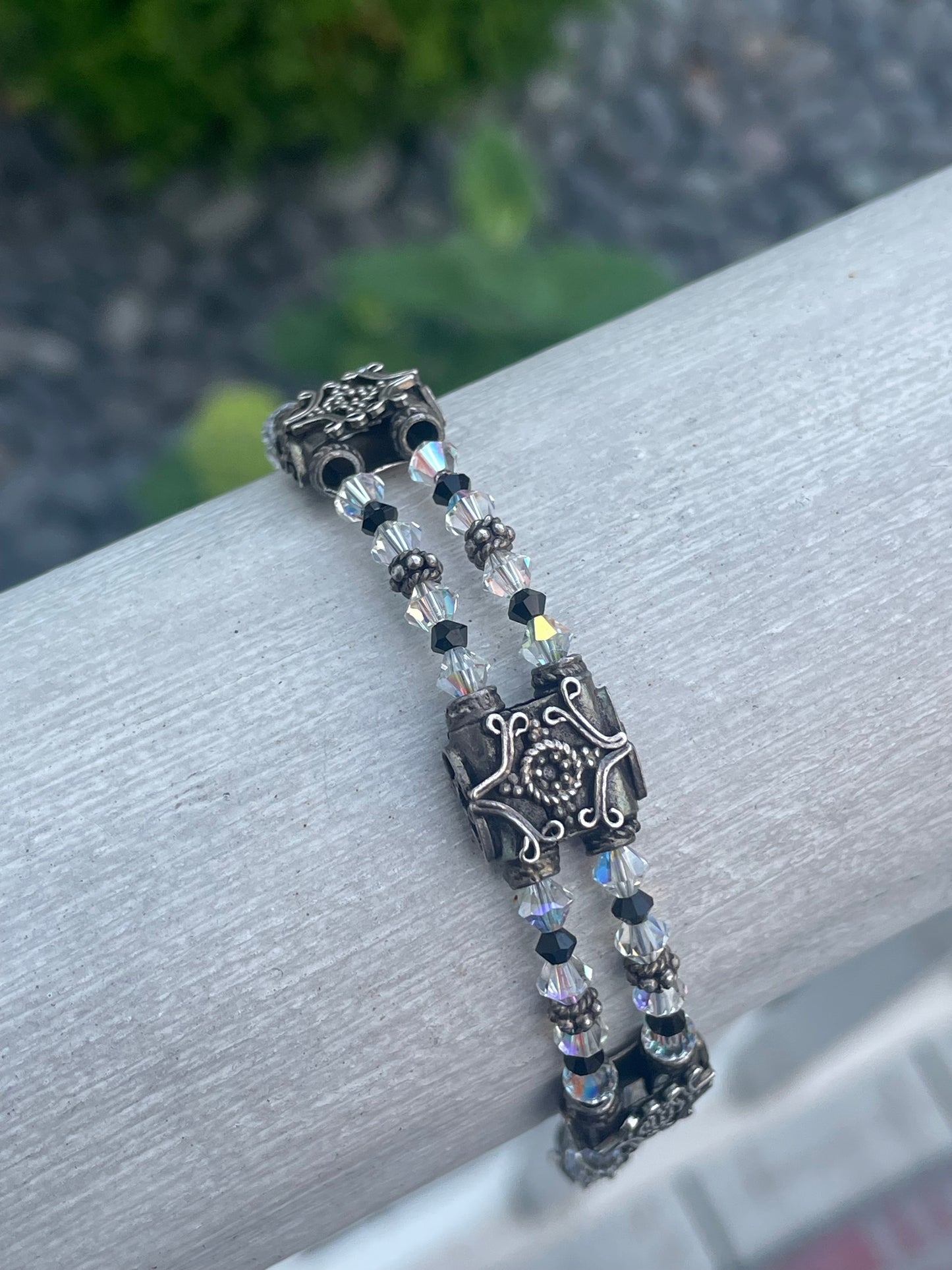 925 Sterling Silver Victorian Filigree Clear & Black Crystal Station Bracelet 8”
